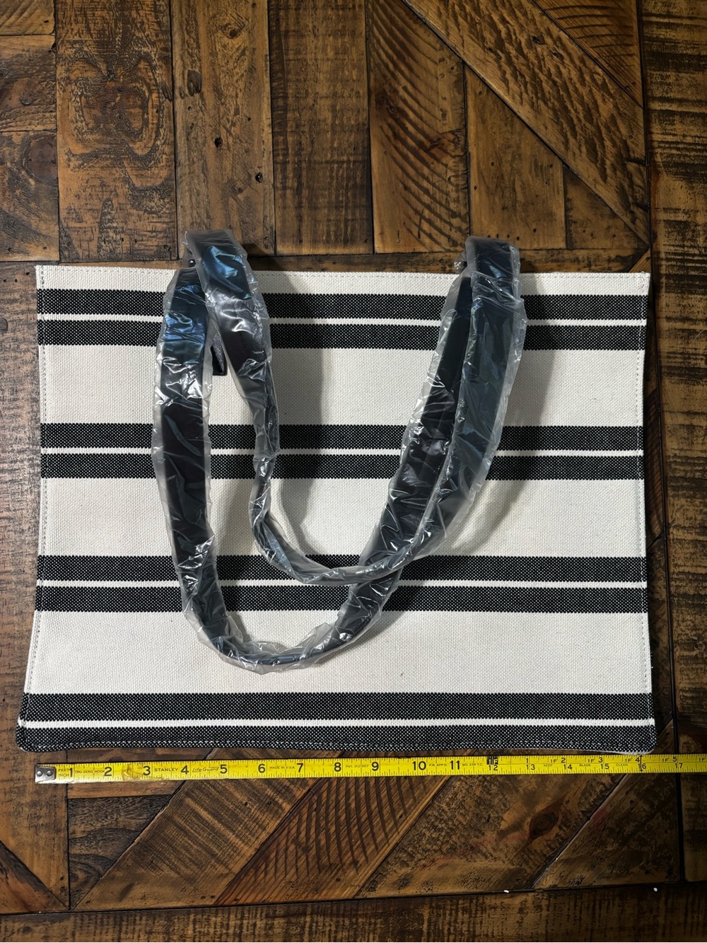 Black & White Striped Canvas Tote with Black Shoulder Straps